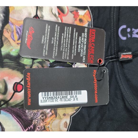 Ay Guey! Black Tee Shirt Top Collage NEW Medium - Picture 5 of 5